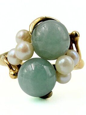 Ming's of Hawaii Marked 14k Gold Two(2) Stone Jade Jadeite Pearl Ring Sz 8